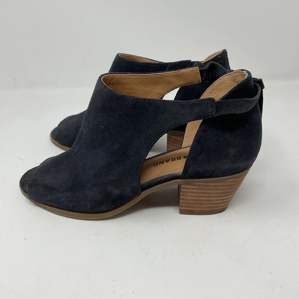 Lucky Brand Womens 8.5 Black Suede Peep Toe Cutout Block Heel Booties Tie Back
